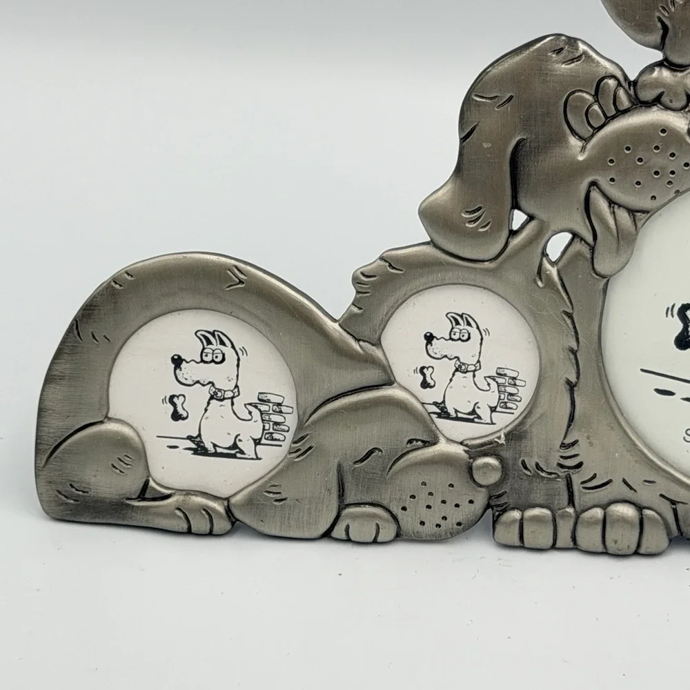 Dog Picture Frame Collage Pewter Tone‎ Cartoon Puppies Bone Bowl Multi Photo